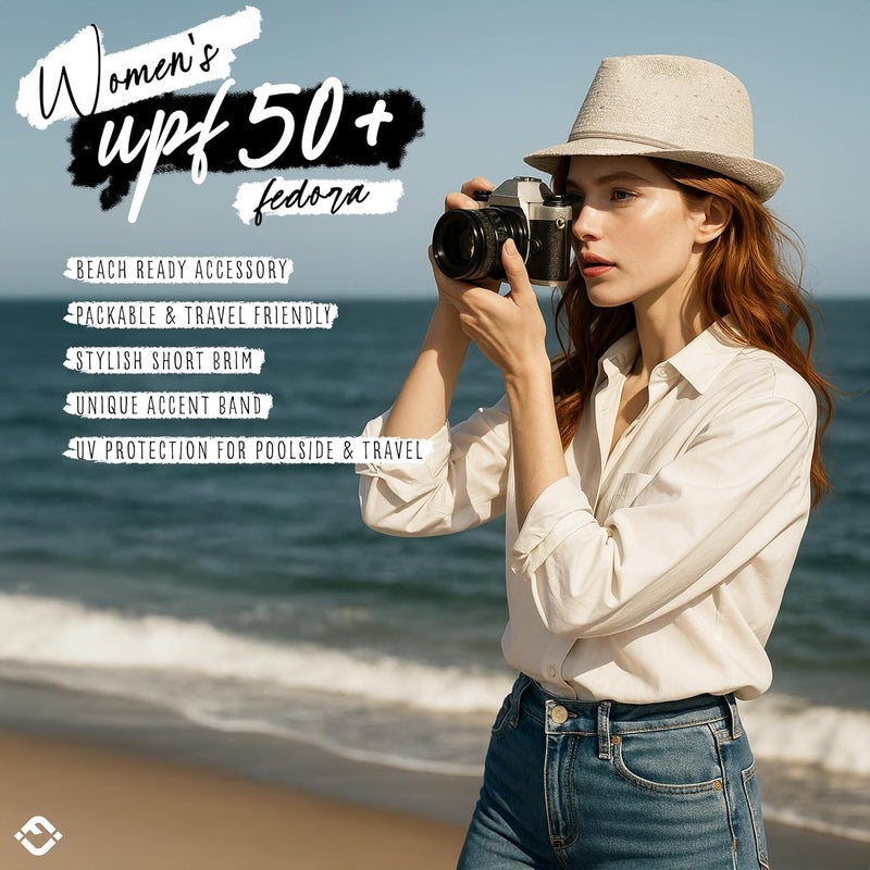 Funky Junque Women's Straw Fedora Sun Hat - UPF 50+ Protection, Short Brim, Stylish Woven Pattern - Image 2